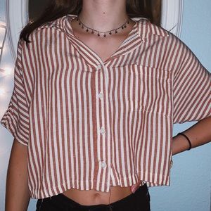 Red + White Striped Button Up Crop